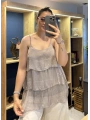 İtalyan Askılı Kat Kat İpek Bluz Vizon