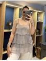 İtalyan Askılı Kat Kat İpek Bluz Vizon