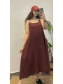 İtalyan Askılı Uzun Keten Elbise 13054 Bordo