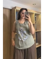 İtalyan Çapa Desenli Kolsuz Keten Bluz Haki