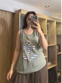İtalyan Çapa Desenli Kolsuz Keten Bluz Haki