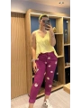 İtalyan Çiçek Desenli Likralı Pantolon Magenta