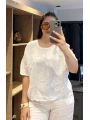 İtalyan Çiçek Desenli Taş Detaylı Keten Bluz Beyaz