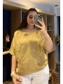 İtalyan Çiçek Desenli Taş Detaylı Keten Bluz Camel