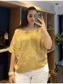 İtalyan Çiçek Desenli Taş Detaylı Keten Bluz Camel