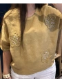İtalyan Çiçek Desenli Taş Detaylı Keten Bluz Camel