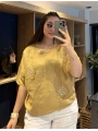 İtalyan Çiçek Desenli Taş Detaylı Keten Bluz Camel