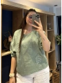 İtalyan Çiçek Desenli Taş Detaylı Keten Bluz Haki
