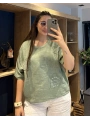 İtalyan Çiçek Desenli Taş Detaylı Keten Bluz Haki