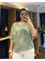 İtalyan Çiçek Desenli Taş Detaylı Keten Bluz Haki