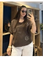 İtalyan Çiçek Desenli Taş Detaylı Keten Bluz Kahverengi