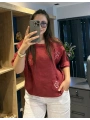İtalyan Çiçek Desenli Taş Detaylı Keten Bluz Kırmızı