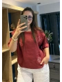 İtalyan Çiçek Desenli Taş Detaylı Keten Bluz Kırmızı