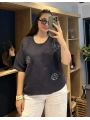 İtalyan Çiçek Desenli Taş Detaylı Keten Bluz Lacivert