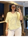 İtalyan Çiçek Desenli Taş Detaylı Keten Bluz Sarı