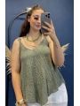 İtalyan Dantel Delikli Bluz Haki 83476