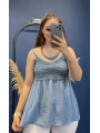 İtalyan Dantelli İp Askılı Kısa Bluz İndigo 82218