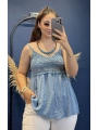 İtalyan Dantelli İp Askılı Kısa Bluz İndigo 82218