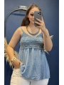 İtalyan Dantelli İp Askılı Kısa Bluz İndigo 82218