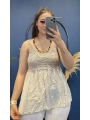 İtalyan Dantelli İp Askılı Kısa Bluz Vizon 82218