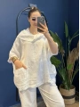 İtalyan Degaje Yaka Keten Bluz Beyaz