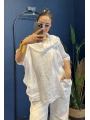 İtalyan Degaje Yaka Keten Bluz Beyaz