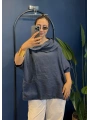İtalyan Degaje Yaka Keten Bluz Lacivert