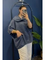 İtalyan Degaje Yaka Keten Bluz Lacivert