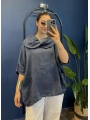 İtalyan Degaje Yaka Keten Bluz Lacivert