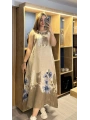 İtalyan Desenli Keten Elbise Bej