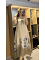 İtalyan Desenli Keten Elbise Bej