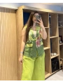 İtalyan Desenli Keten Yelek Yeşil