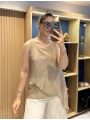 İtalyan Etek Ucu Payet Detaylı Kolsuz İpek Bluz Camel