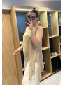 İtalyan Etek Ucu Payet Detaylı Kolsuz İpek Bluz Camel