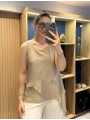 İtalyan Etek Ucu Payet Detaylı Kolsuz İpek Bluz Camel