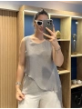 İtalyan Etek Ucu Payet Detaylı Kolsuz İpek Bluz Vizon