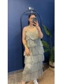 İtalyan Kat Kat Askılı İpek Elbise 7115 Haki