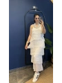 İtalyan Kat Kat Askılı İpek Elbise Beyaz 7115