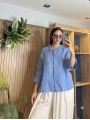 İtalyan Kolları Güpür Detaylı Keten Gömlek İndigo