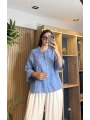 İtalyan Kolları Güpür Detaylı Keten Gömlek İndigo