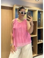 İtalyan Kolsuz Yakası FırFır Detaylı İpek Bluz Pembe