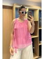 İtalyan Kolsuz Yakası FırFır Detaylı İpek Bluz Pembe