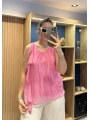 İtalyan Kolsuz Yakası FırFır Detaylı İpek Bluz Pembe