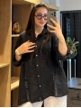 İtalyan Önden Düğmeli Fisto Detaylı Keten Gömlek Siyah