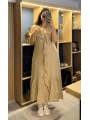 İtalyan Önden Fırfırlı Keten Elbise Camel