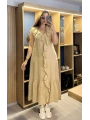 İtalyan Önden Fırfırlı Keten Elbise Camel