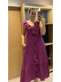 İtalyan Önden Fırfırlı Keten Elbise Magenta