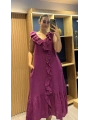İtalyan Önden Fırfırlı Keten Elbise Magenta