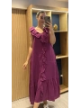 İtalyan Önden Fırfırlı Keten Elbise Magenta