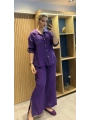 İtalyan Pantolonu Gömleği İşlemeli Keten Takım Mor